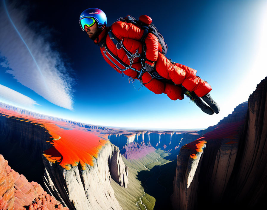 Skydiver in red suit free-falling over majestic canyon landscape