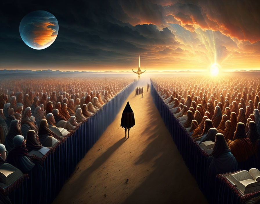 Person walking between crowds under dramatic sky with planet and setting sun