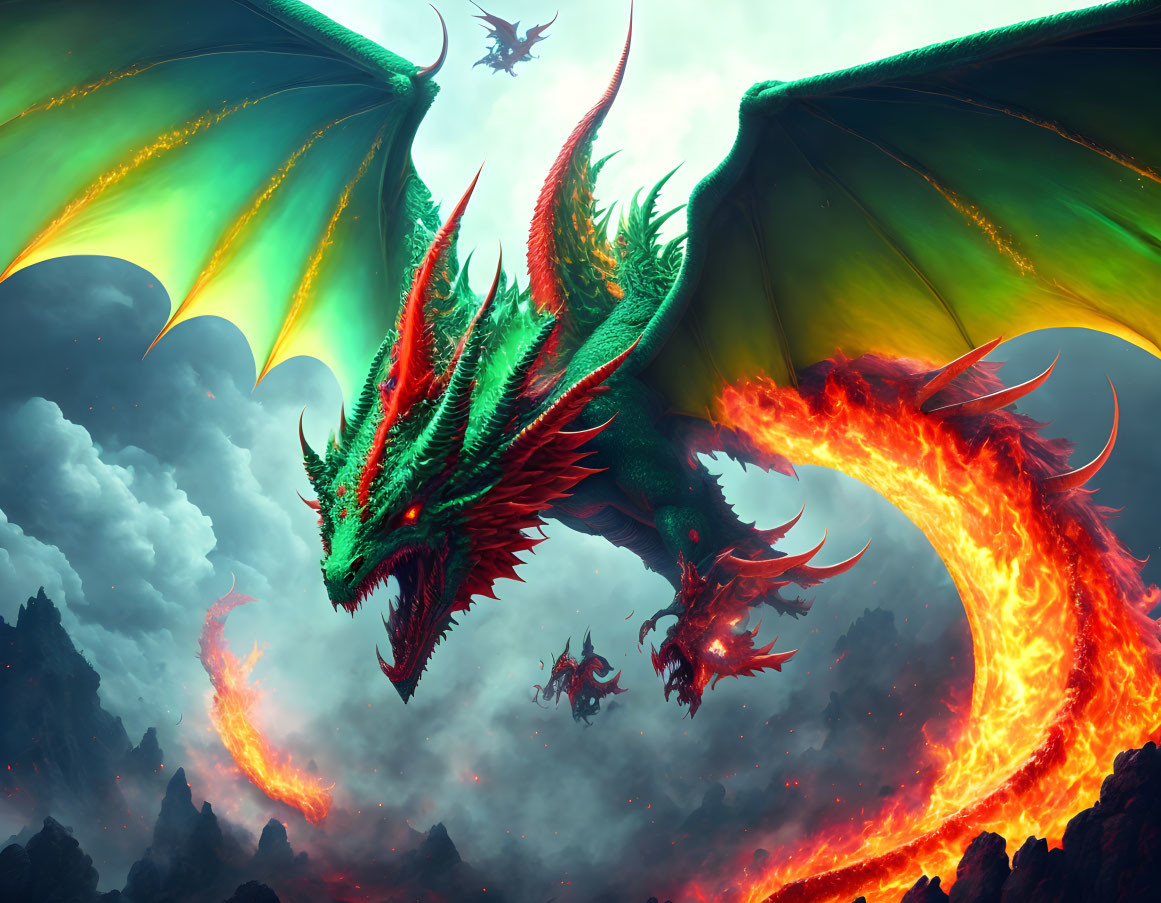 Majestic green dragon flying with smaller dragons in clouds