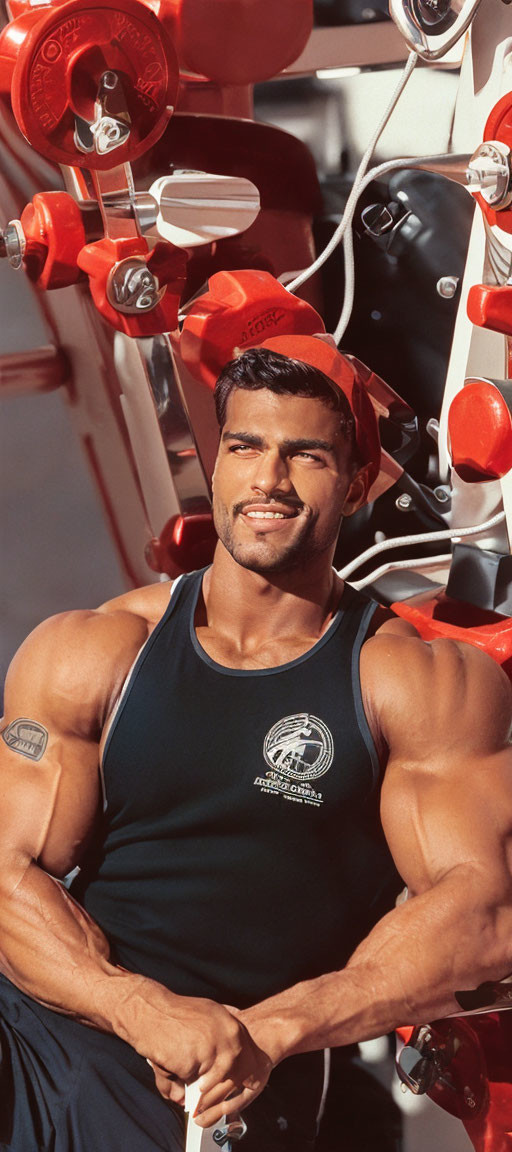 Muscular man smiling in gym with weightlifting equipment wearing black sleeveless top.