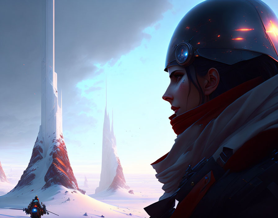 Futuristic helmeted person observing ice structures on alien snow planet