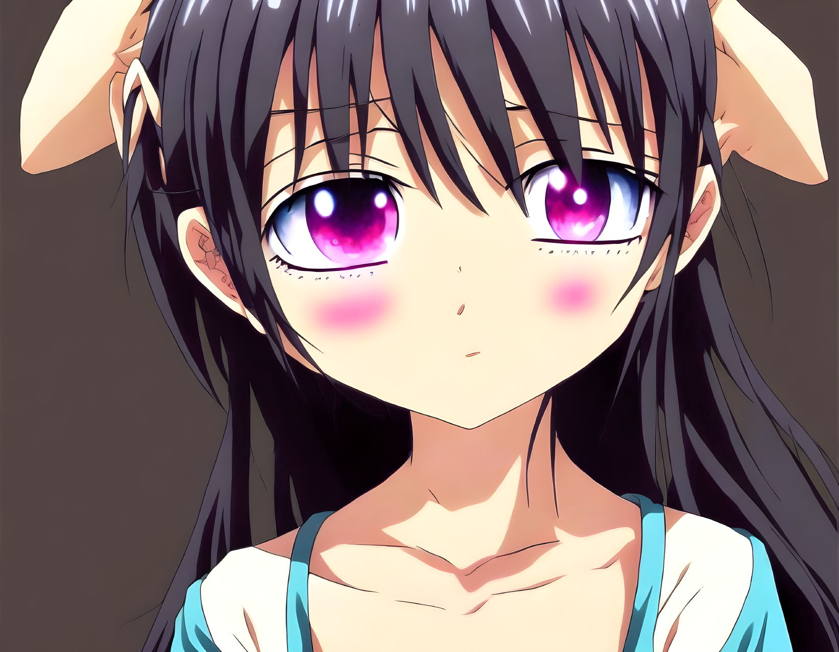 Anime girl with long black hair, purple eyes, and blushing cheeks in blue top