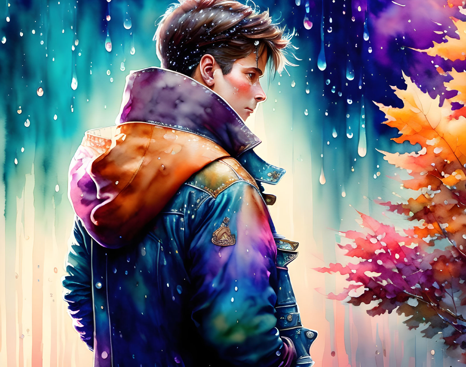 Colorful Autumn Leaves Surround Person in Denim Jacket Under Falling Rain