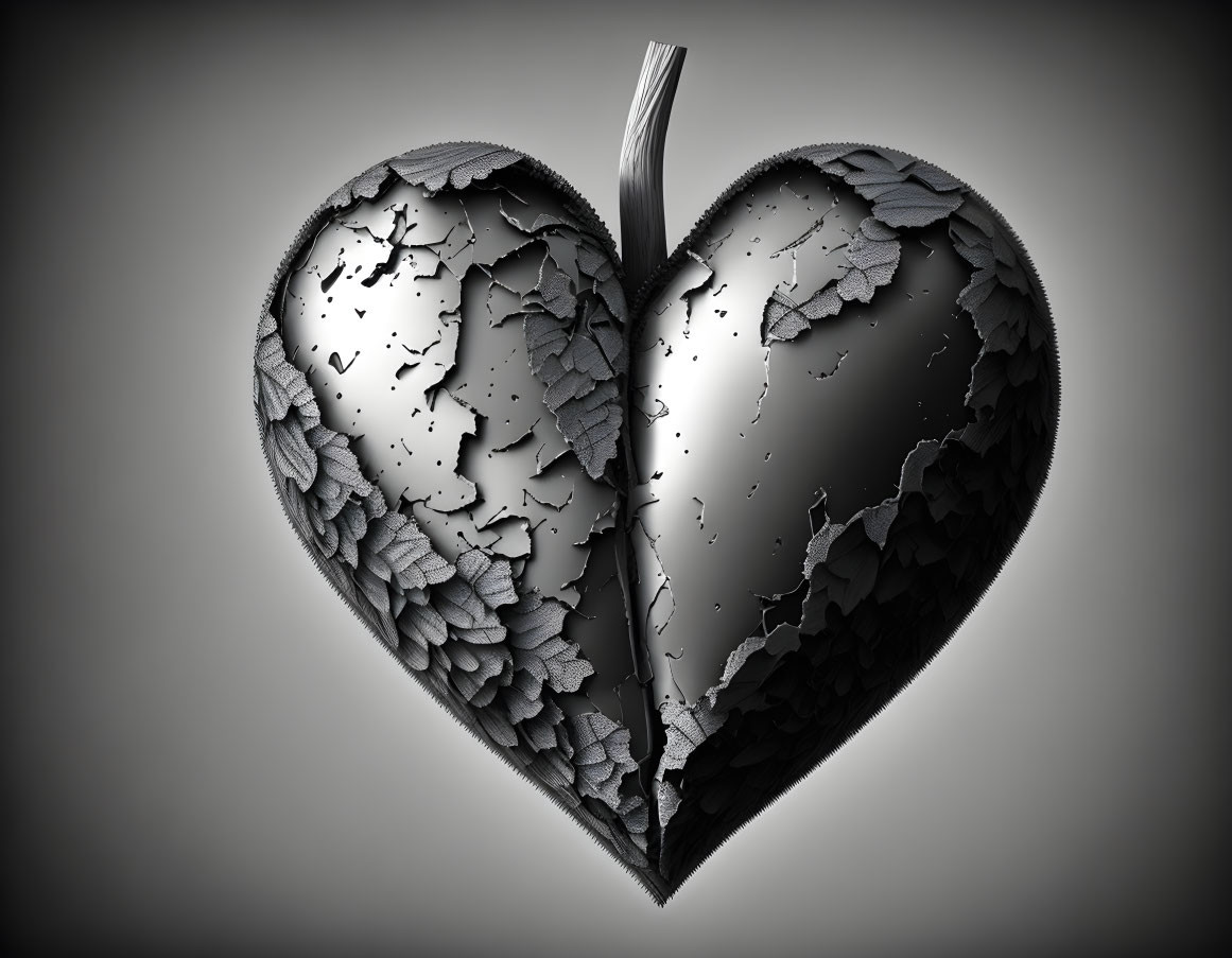 Cracked Heart 3D Illustration with Leaves and Textures on Gray Background