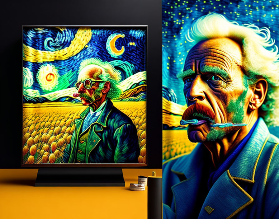 Stylized image of Vincent van Gogh with starry night and self-portrait on TV