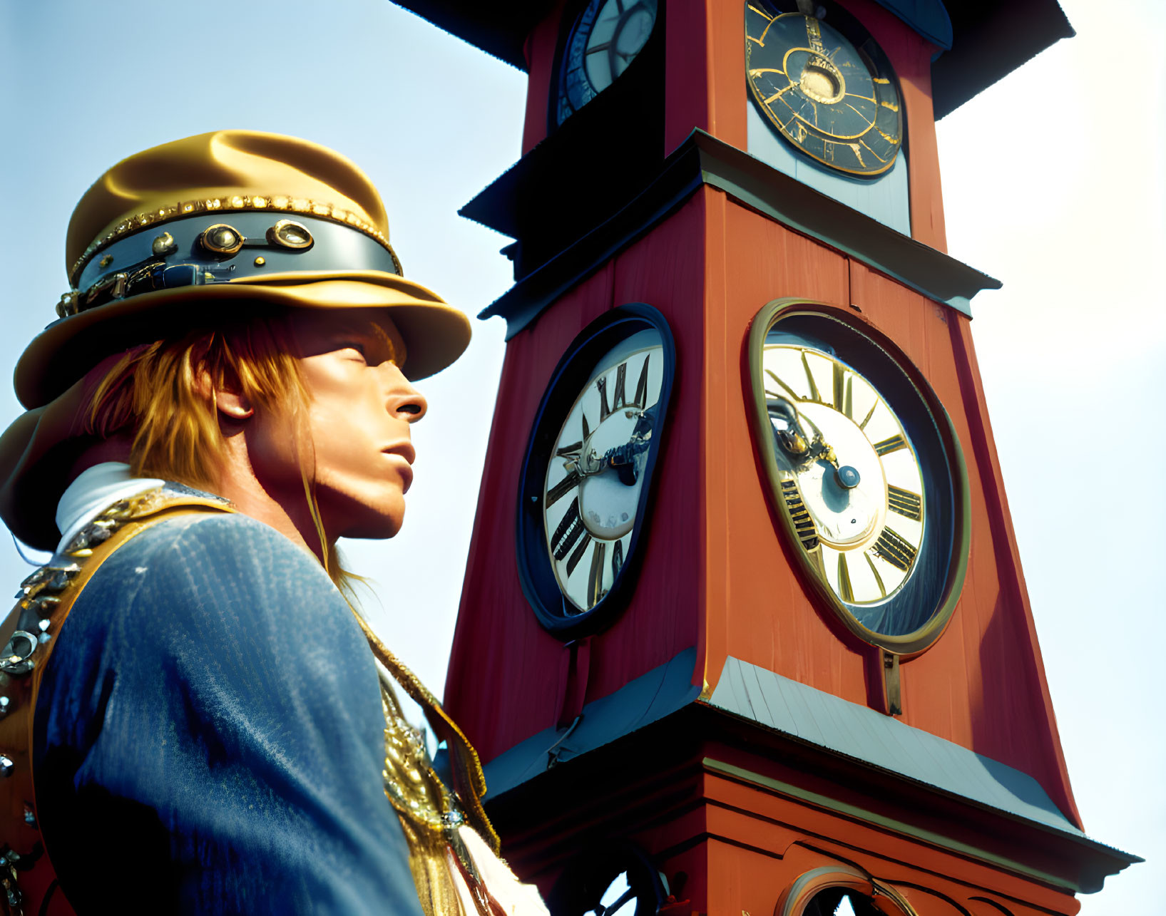 Person in Blue and Gold Costume by Red Clock Tower