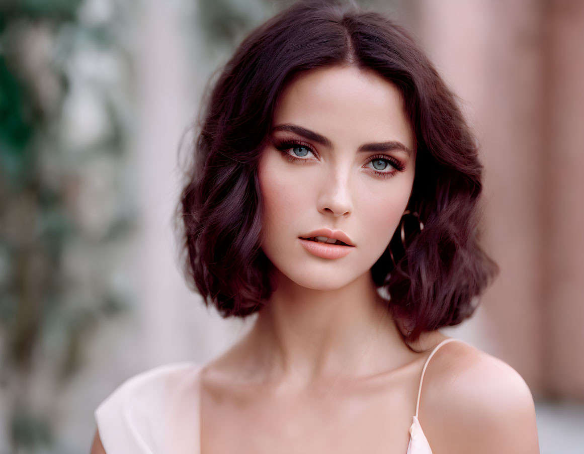 Woman with shoulder-length dark hair and blue eyes in pale top outdoors