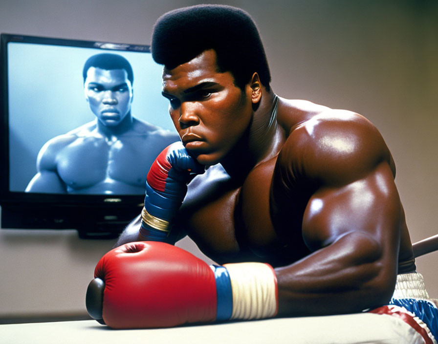 Male boxer sculpture with focused expression and TV screen in background.