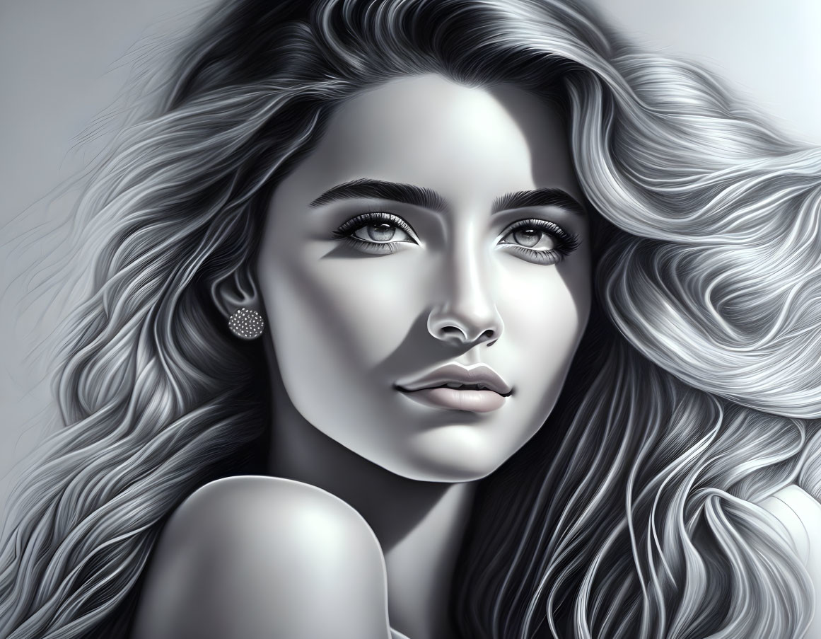 Detailed monochrome digital portrait of woman with wavy hair and captivating eyes