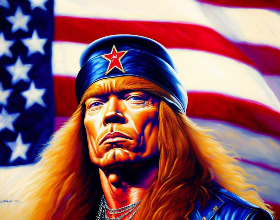 Blonde Man with Blue Bandana on American Flag Background