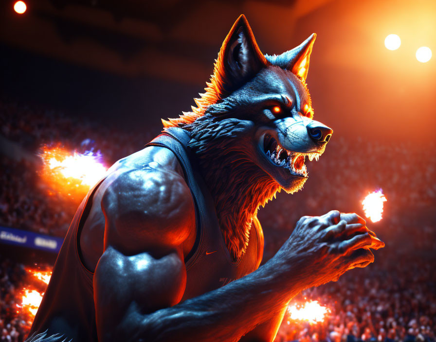 Muscular anthropomorphic wolf in sports outfit at stadium with dramatic lighting