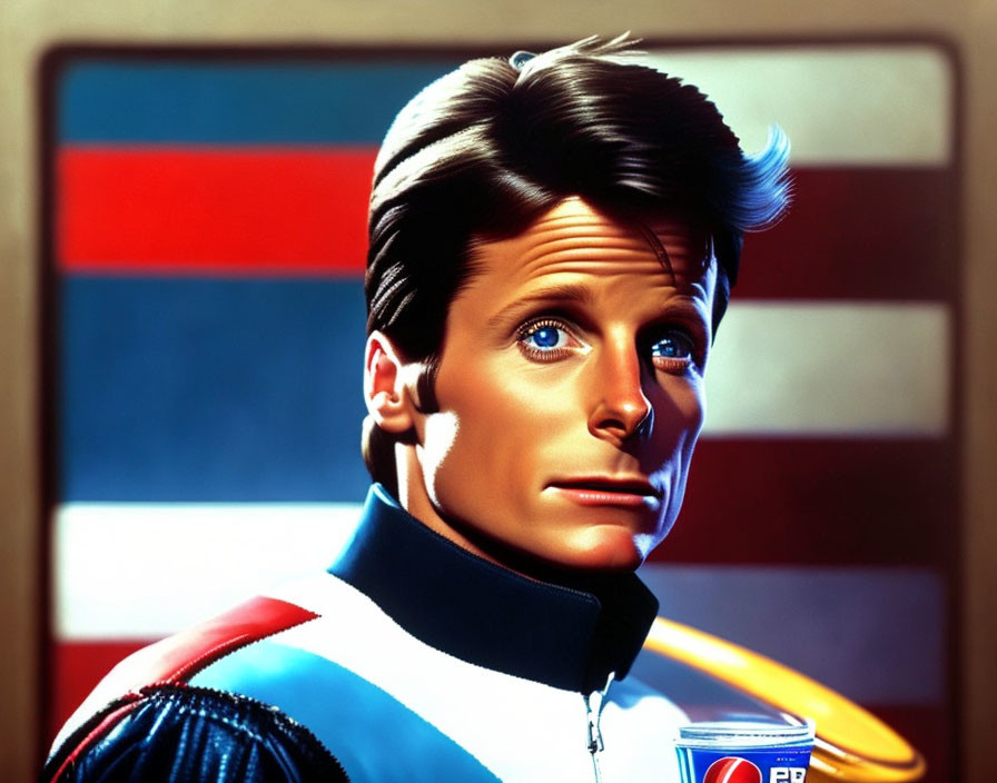 Futuristic pilot suit with Pepsi logo against American flag backdrop