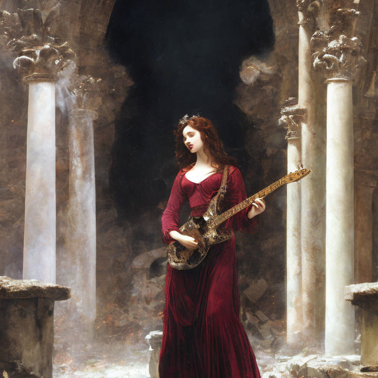 Red-haired woman in burgundy gown with stringed instrument among ancient columns