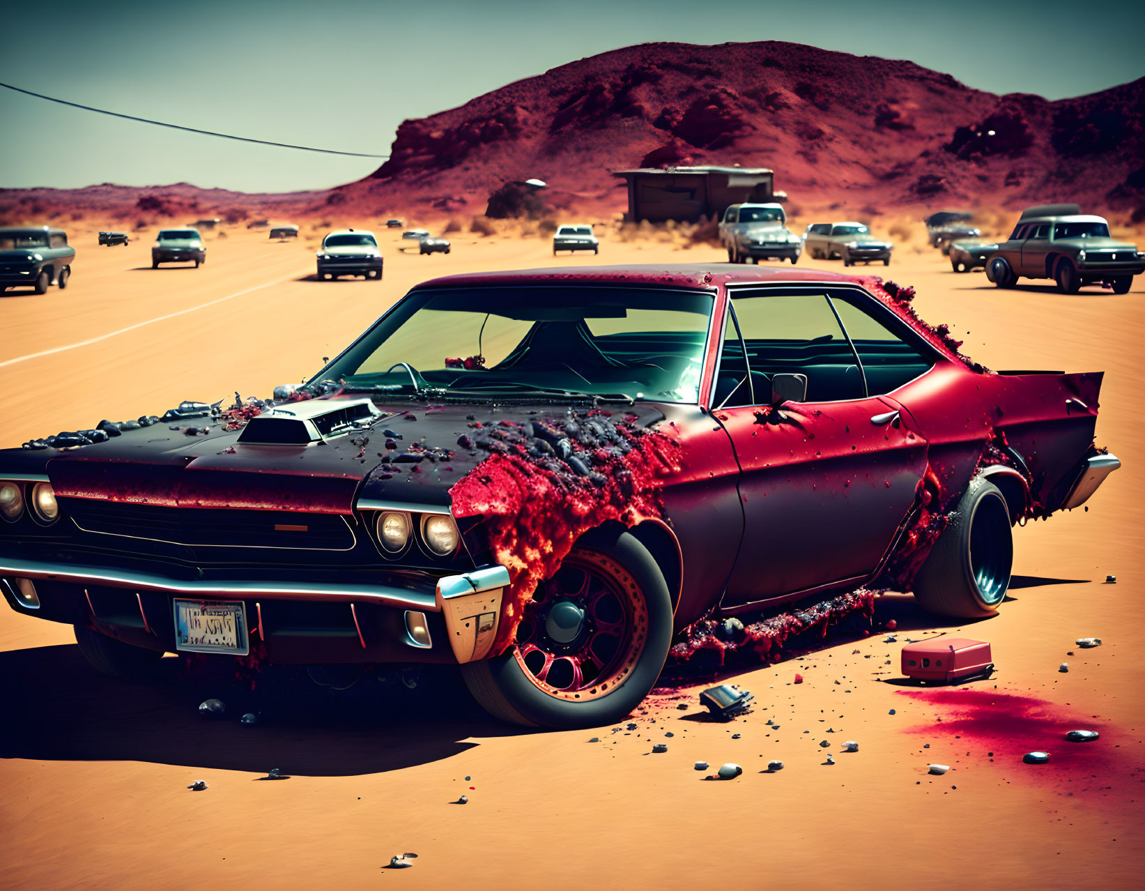 Damaged Red Vintage Car in Desert Landscape