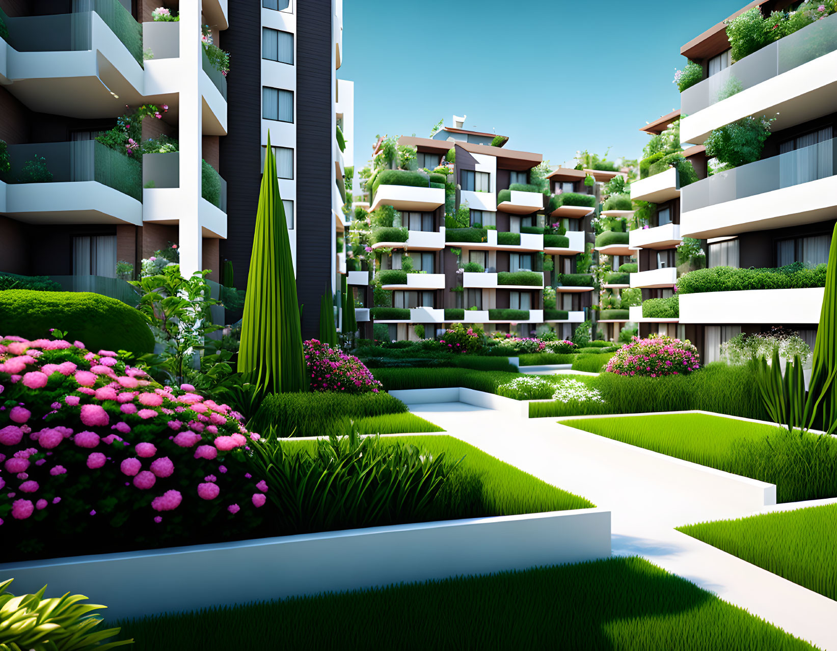 Contemporary residential architecture with balconies and vibrant garden landscape.