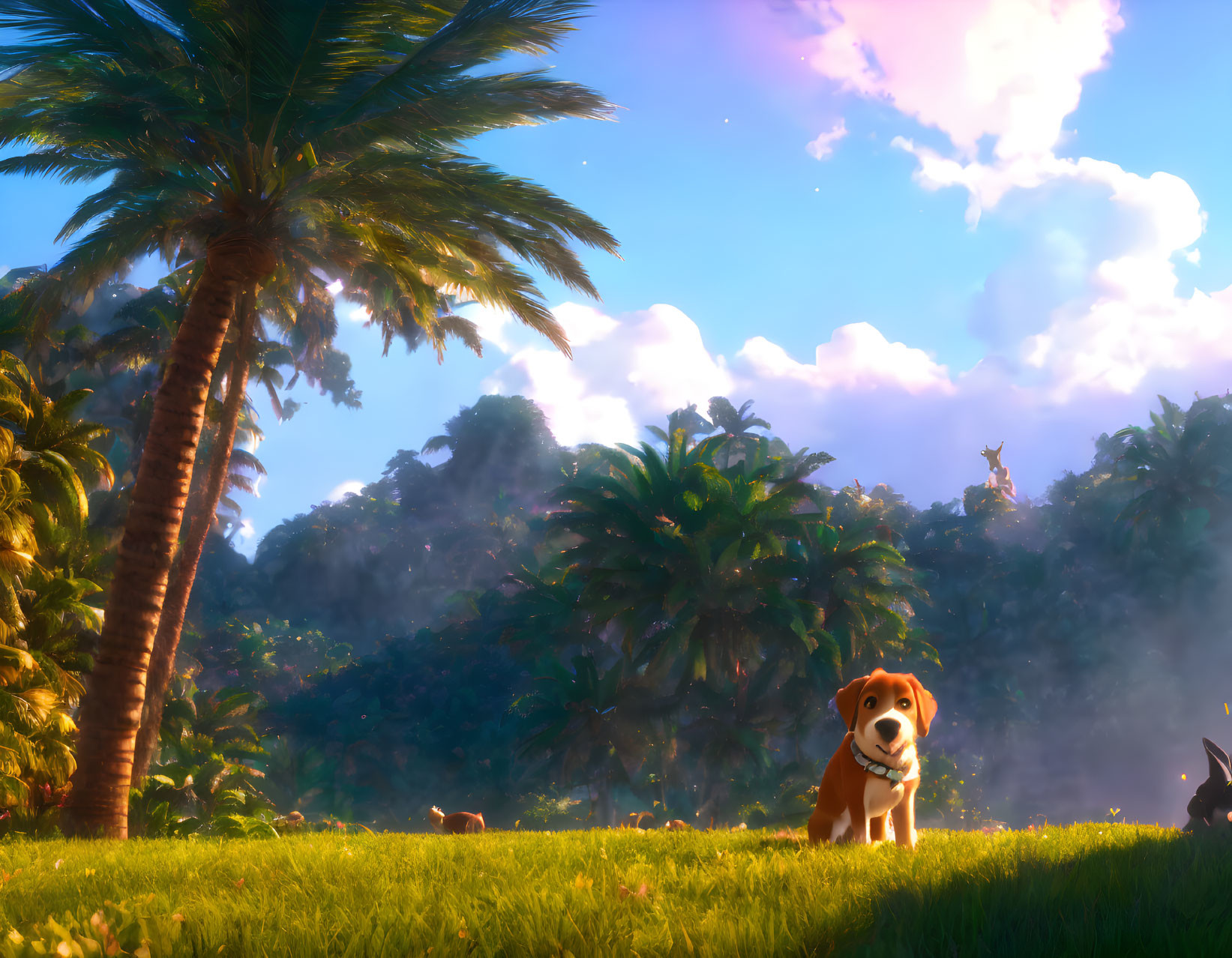 Smiling dog in lush tropical landscape with palm trees and vibrant foliage