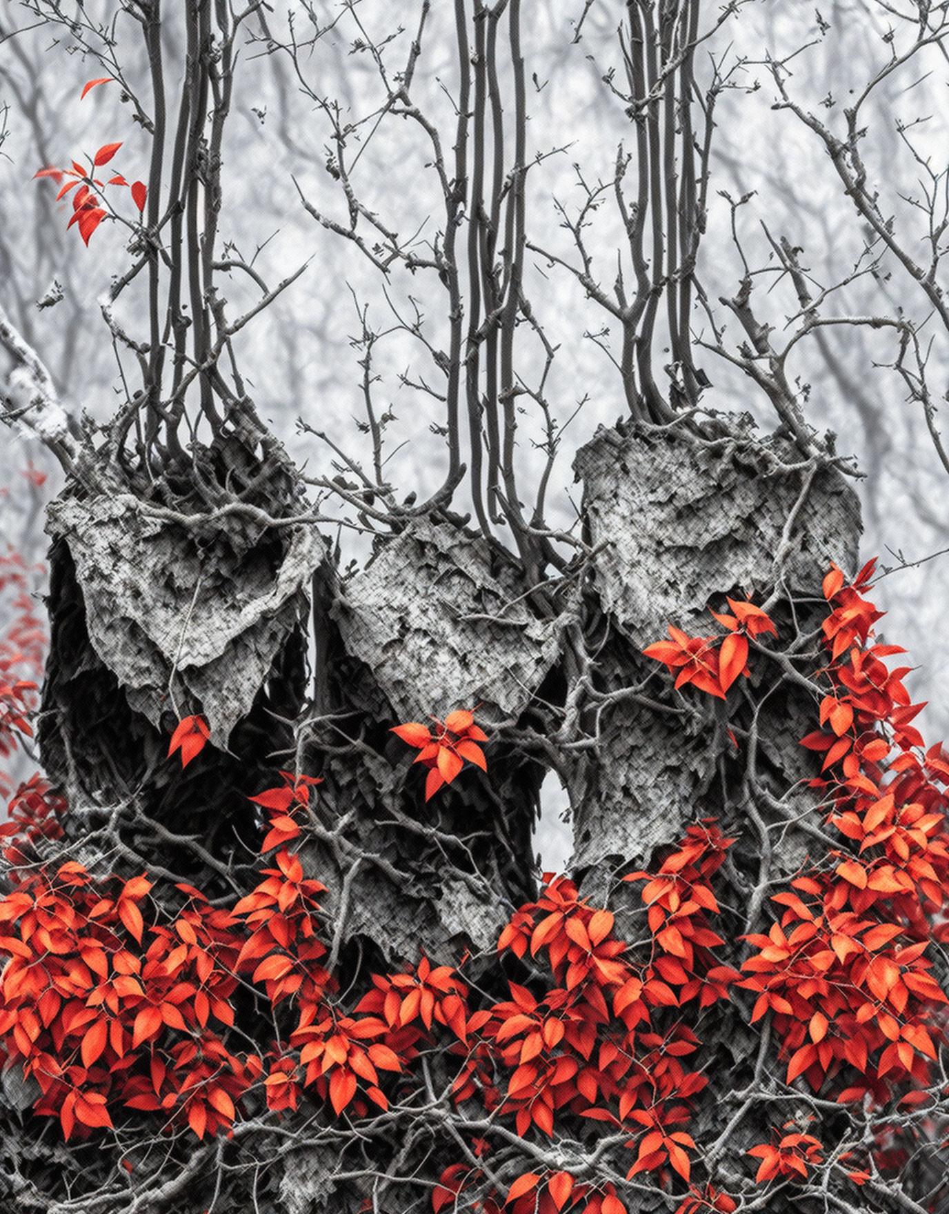 Large wasp nests on leafless branches above vibrant red leaves in wintry scene