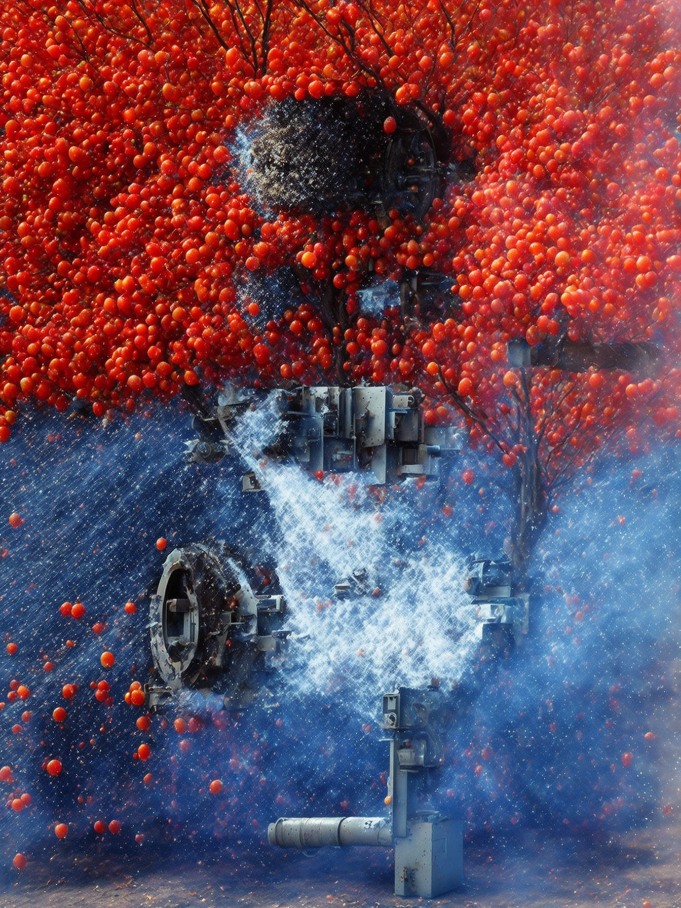 Tree with red foliage merging into machinery, blue and white particles.