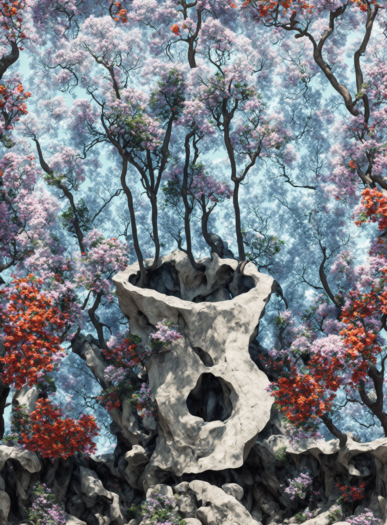 Colorful blossoming flowers around hollow tree in dense forest