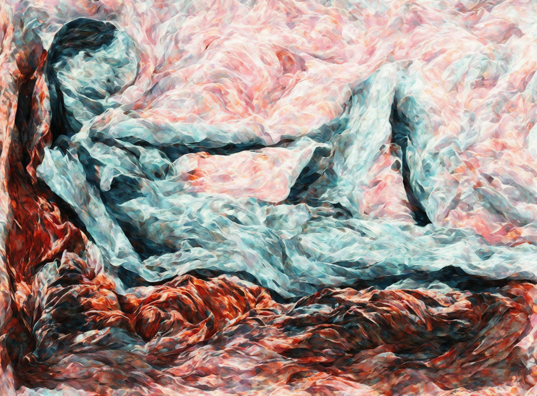 Vibrant pink and blue reclining figure in artistic rendering