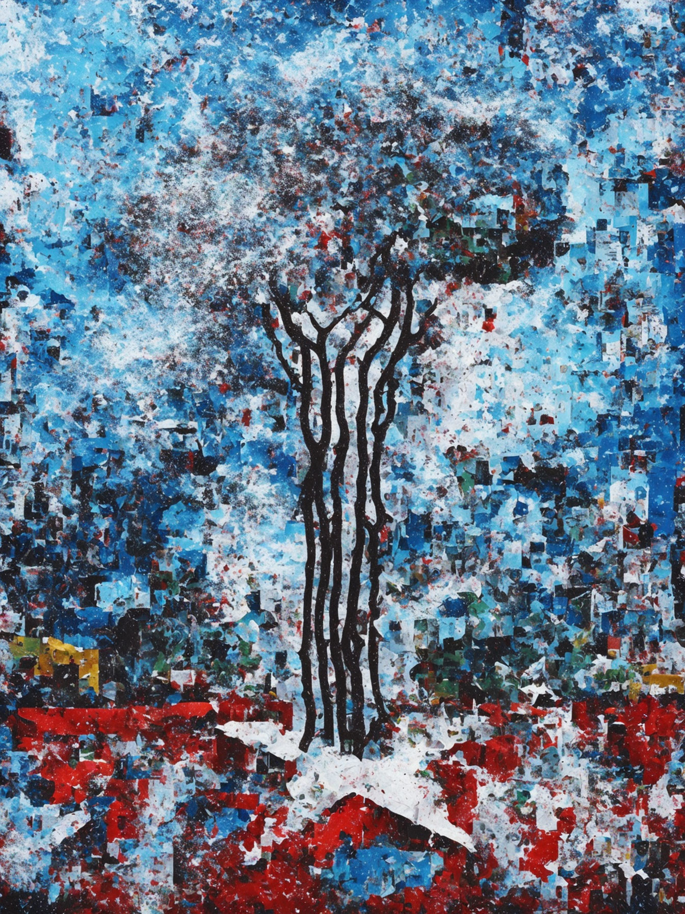 Vibrant abstract painting with black tree silhouette on textured blue, white, and red background