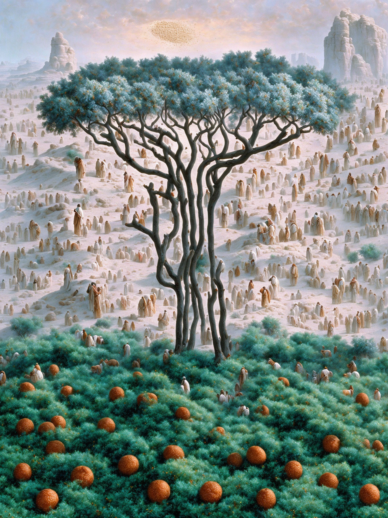 Surreal landscape with large tree and monolithic figures in desert under blue sky