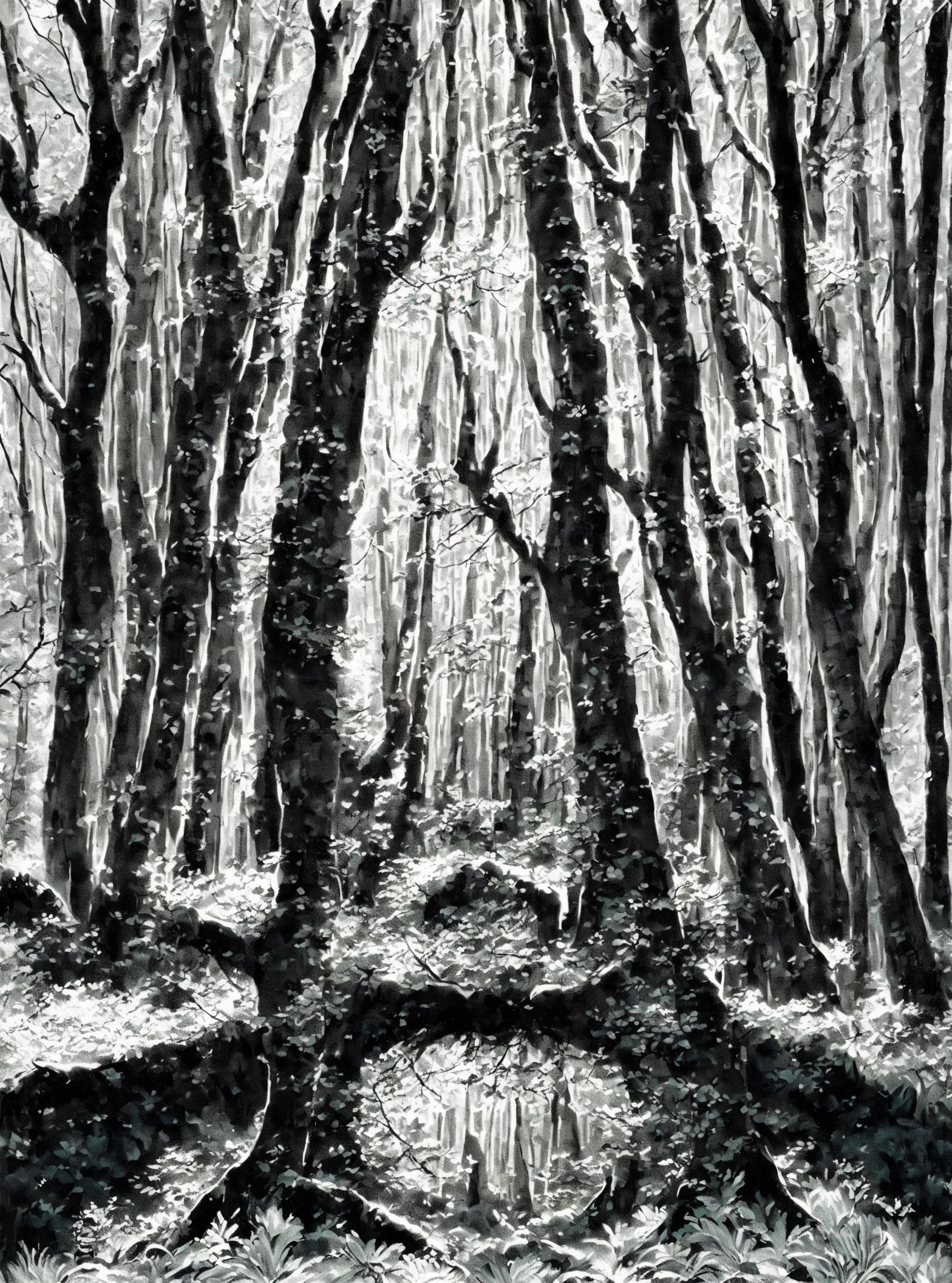 Monochrome painting of dense forest with slender trees and intricate branches