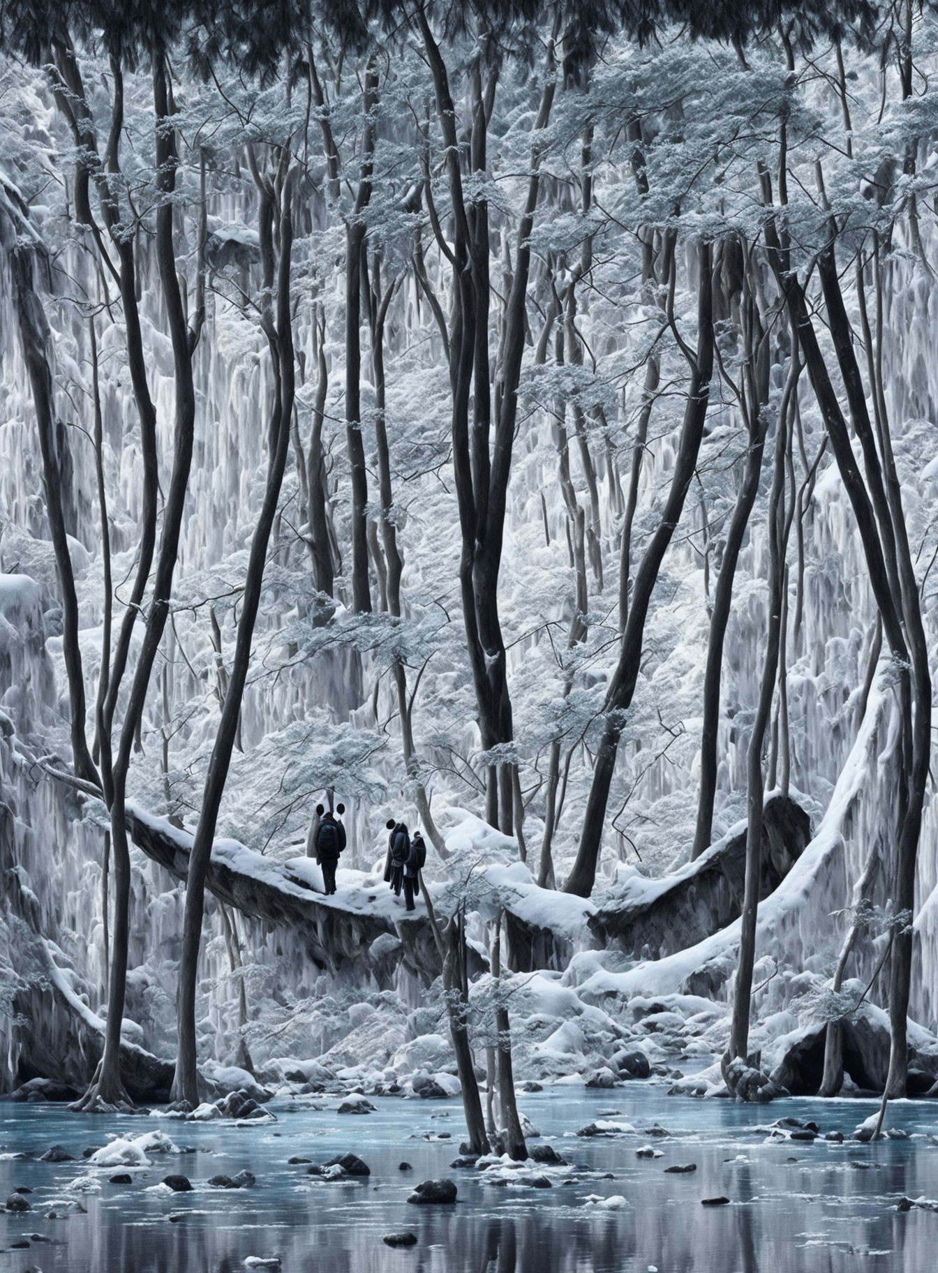 Wintry forest scene with two people on fallen tree in snow