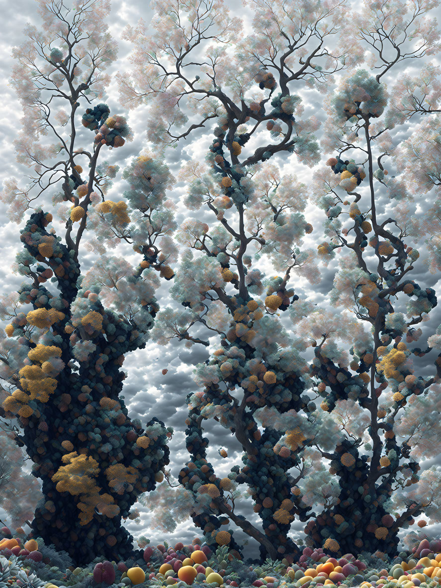 Twisted trees with colorful foliage under cloudy sky