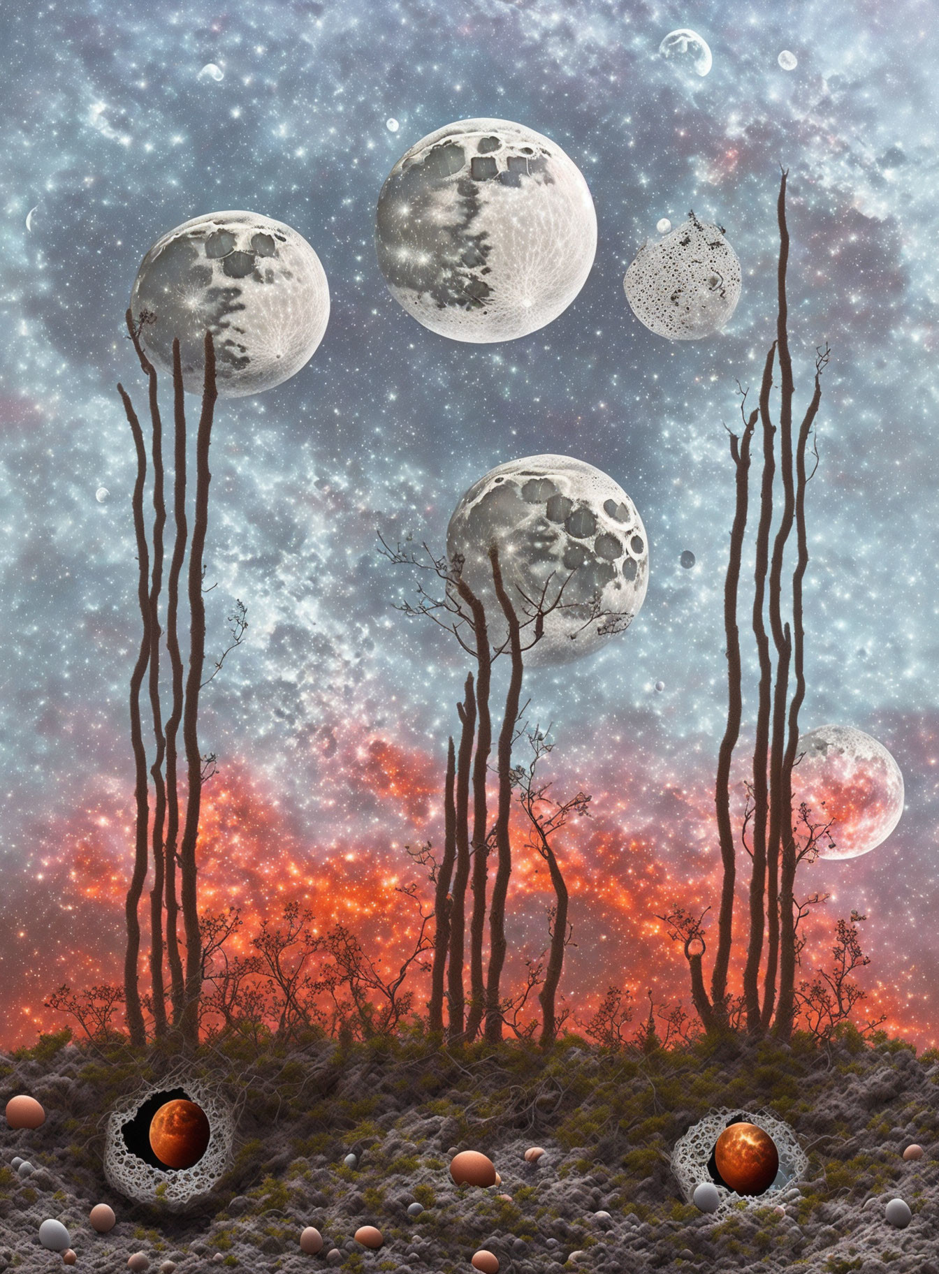 Surreal landscape with bare trees, multiple moons, fiery horizon, orbs, and craters