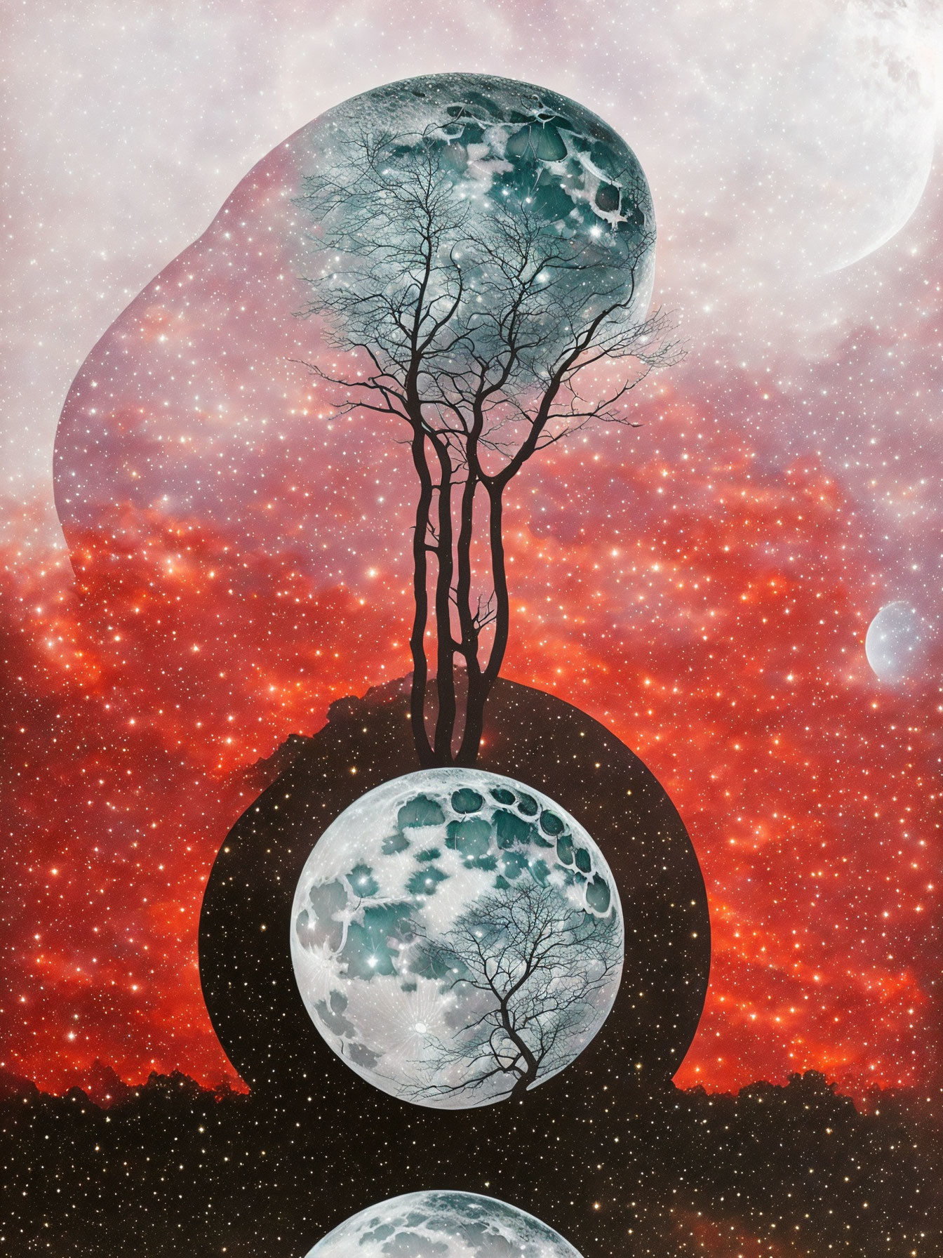 Surreal artwork: tree silhouette with circular frames transitioning from red starry sky to moon phases