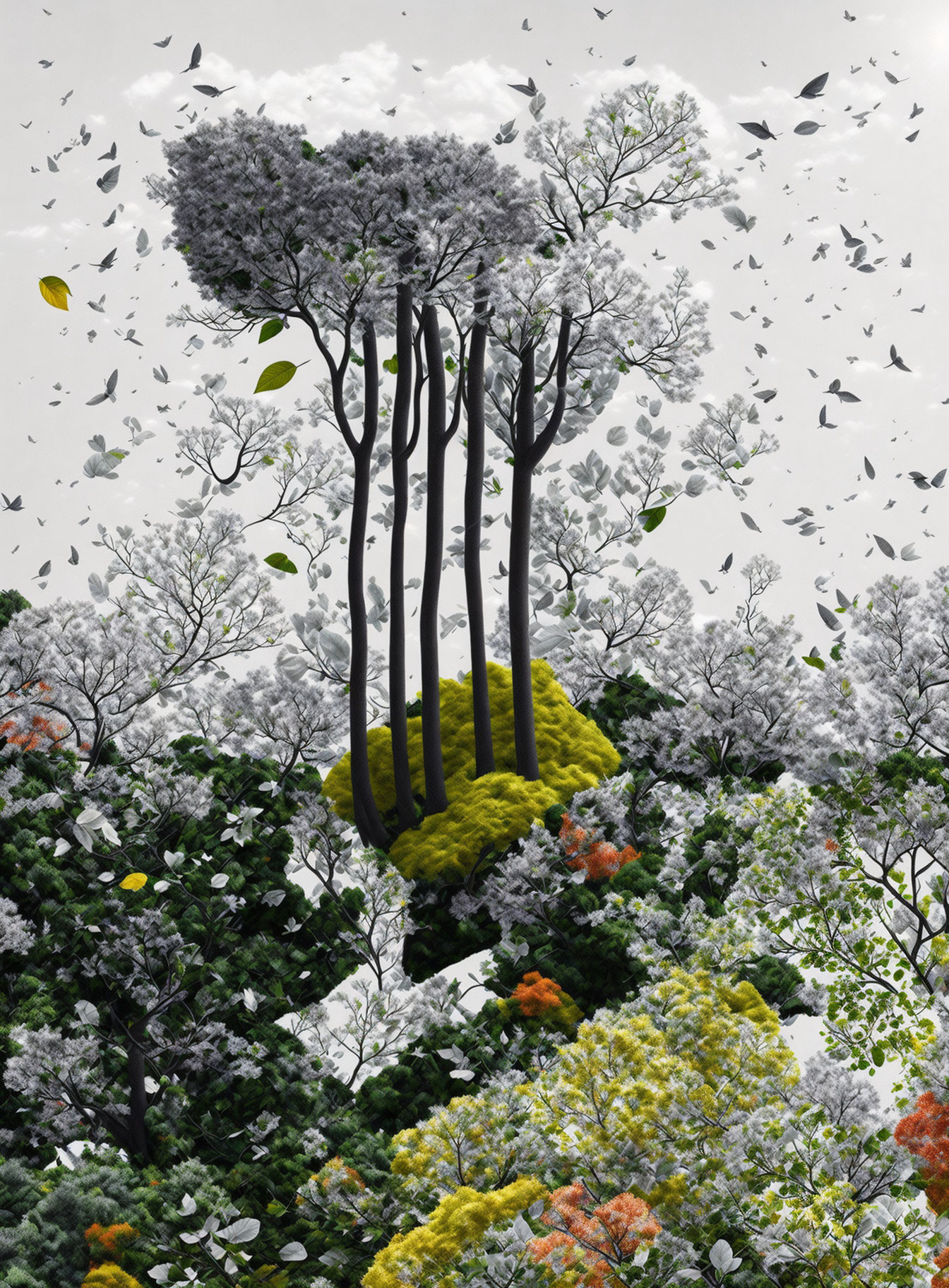 Surreal artwork: Floating trees, birds, leaves in colorful forest