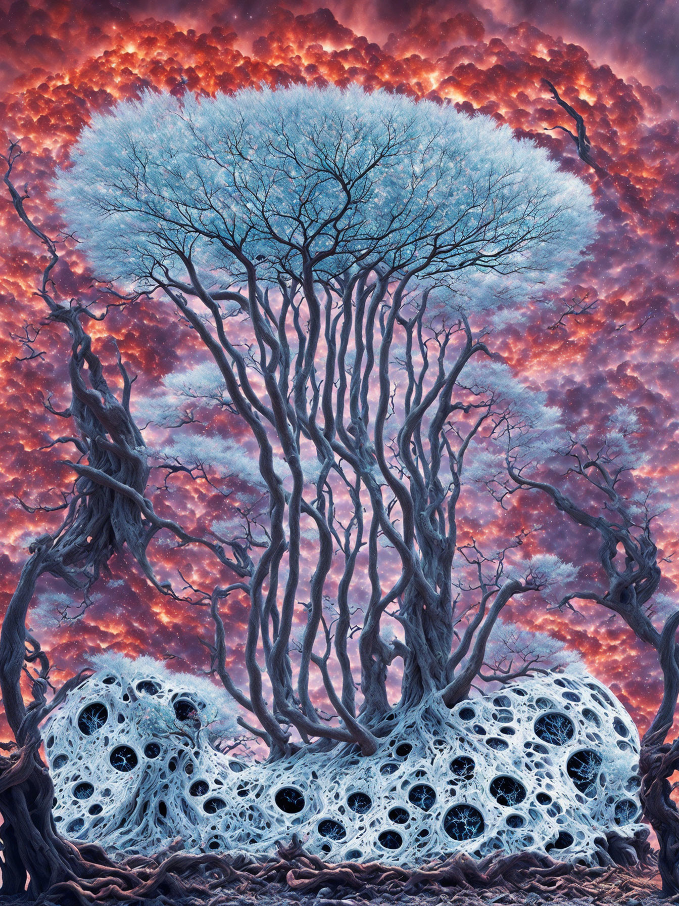 Surreal tree with blue leafy crown in red and purple sky