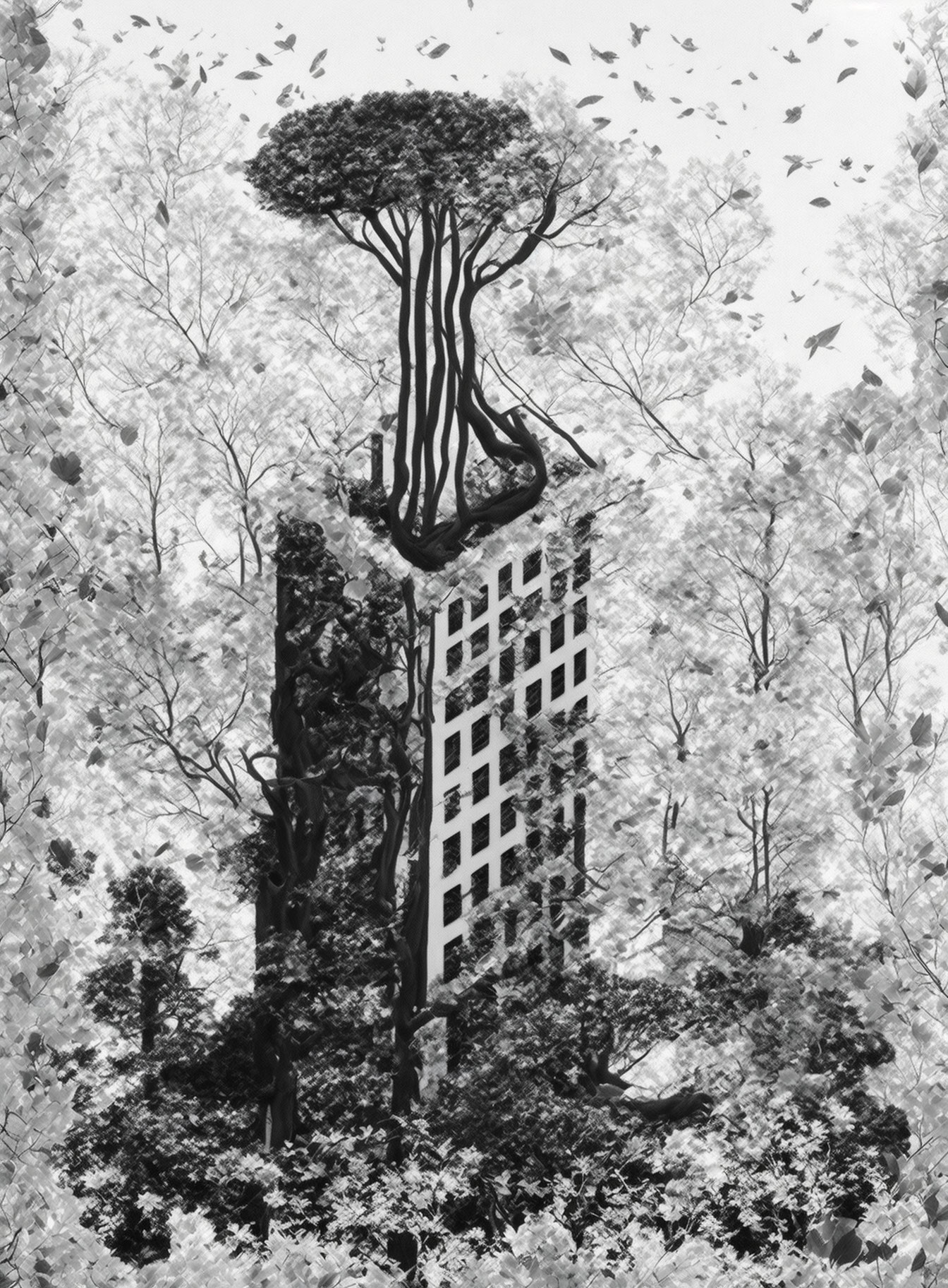 Monochromatic artwork: Tree on urban building with nature elements