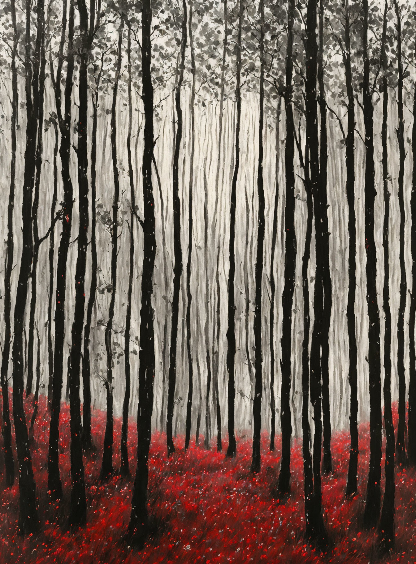 Monochrome forest painting with red foliage contrast