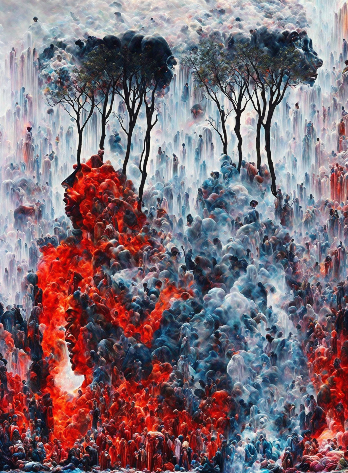 Vibrant red figure in surreal landscape with floating trees