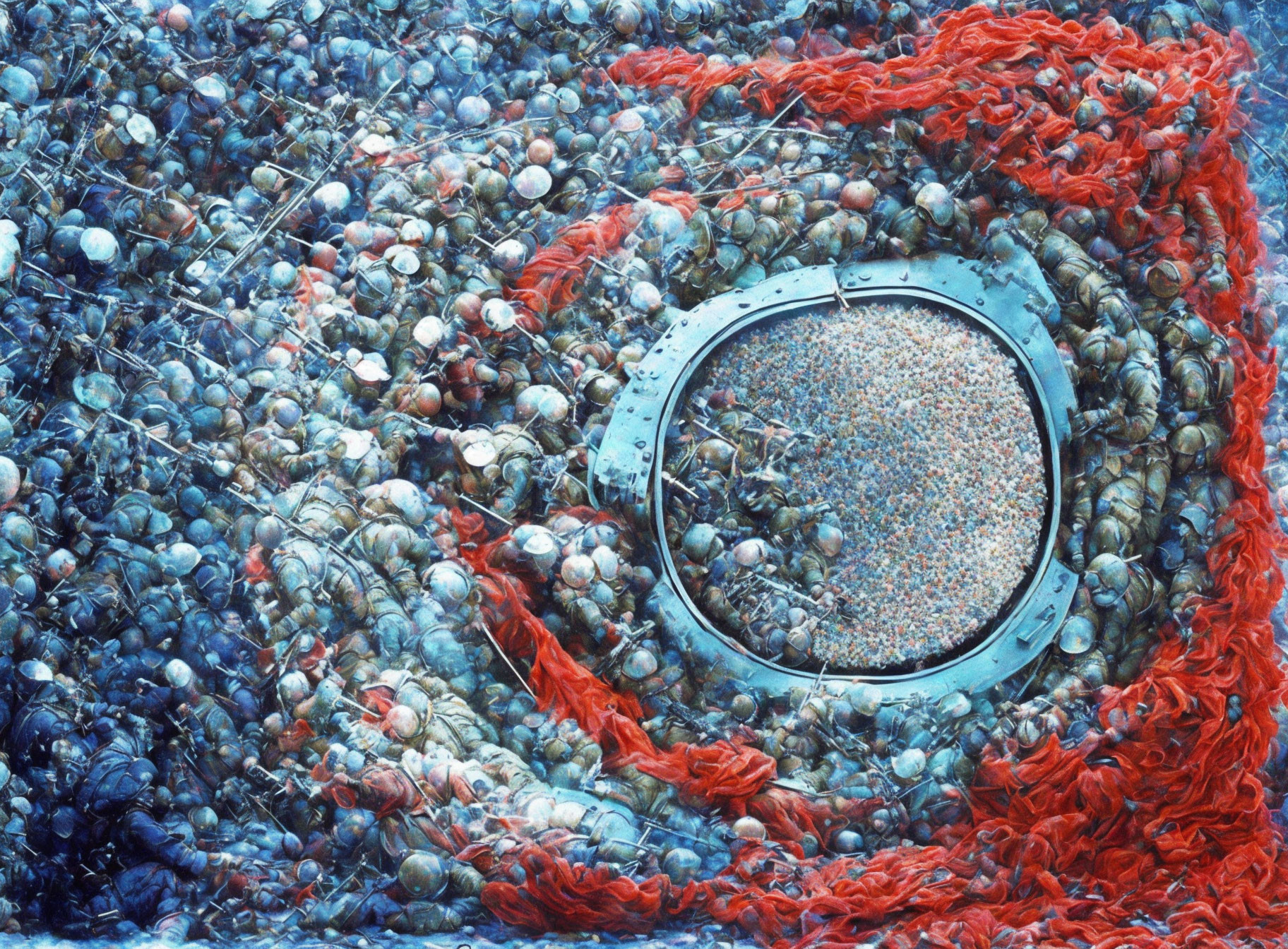 Ship's hull porthole covered in mussels with red rope underwater