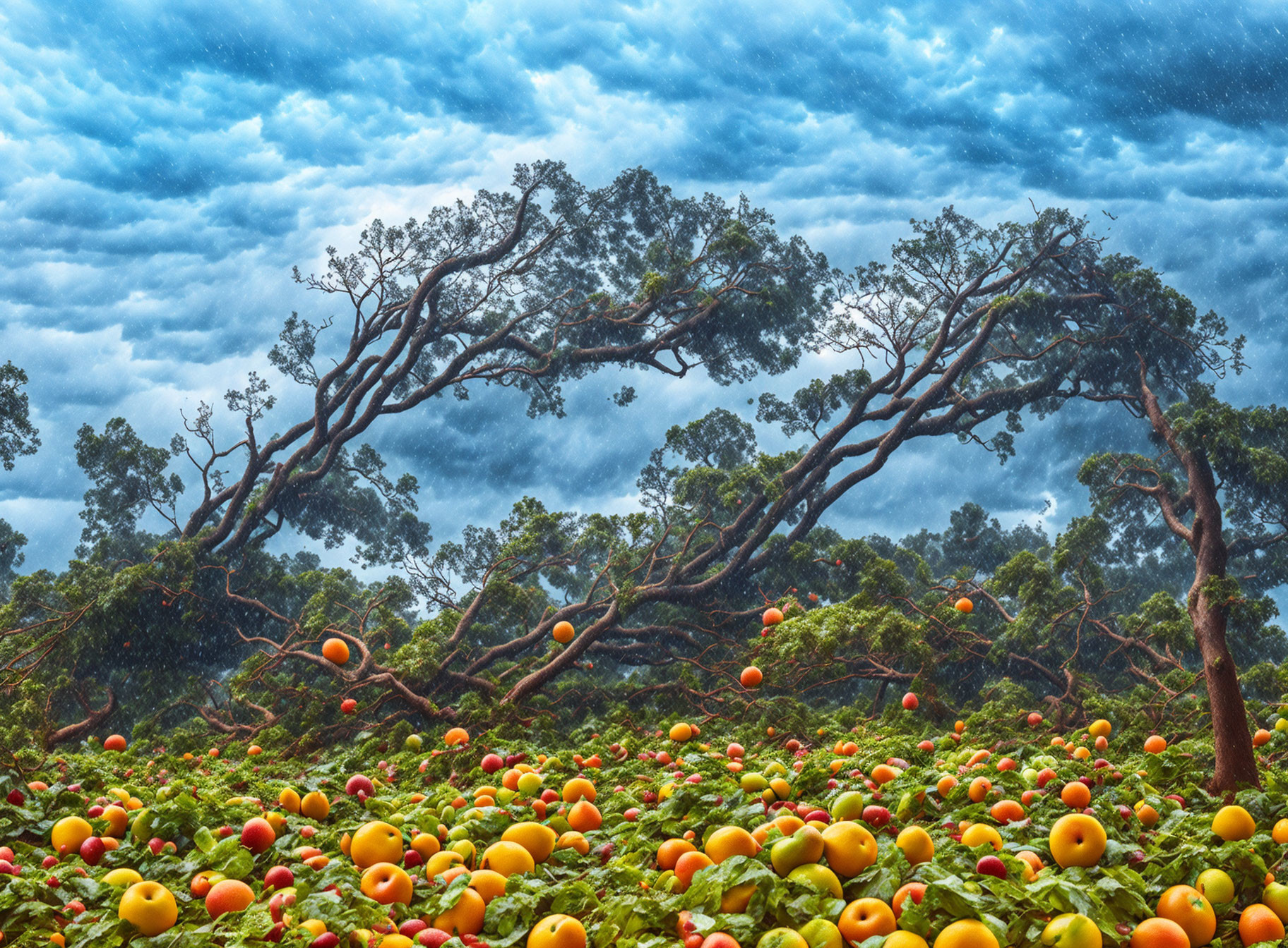 Twisted trees and multicolored apples under dramatic sky