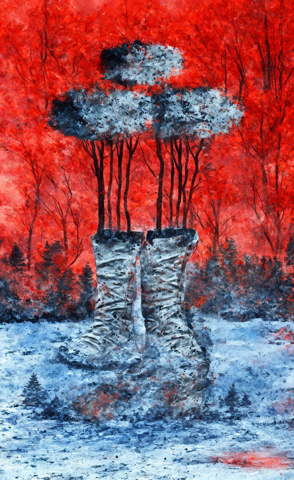 Surreal artwork: Trees from boots on red & blue background