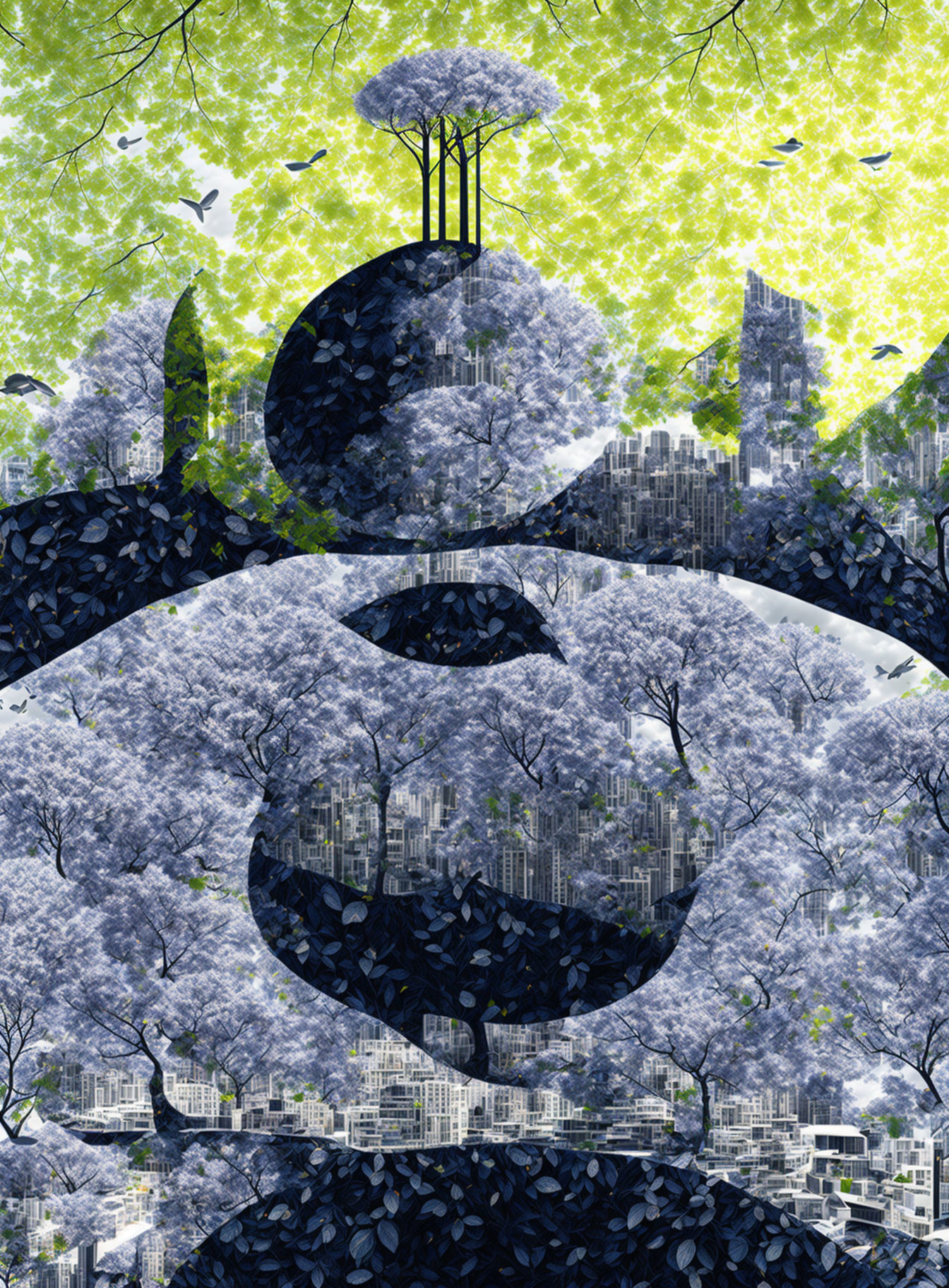 Surreal cityscape art with yin-yang symbols, summer and winter themes, green canopy