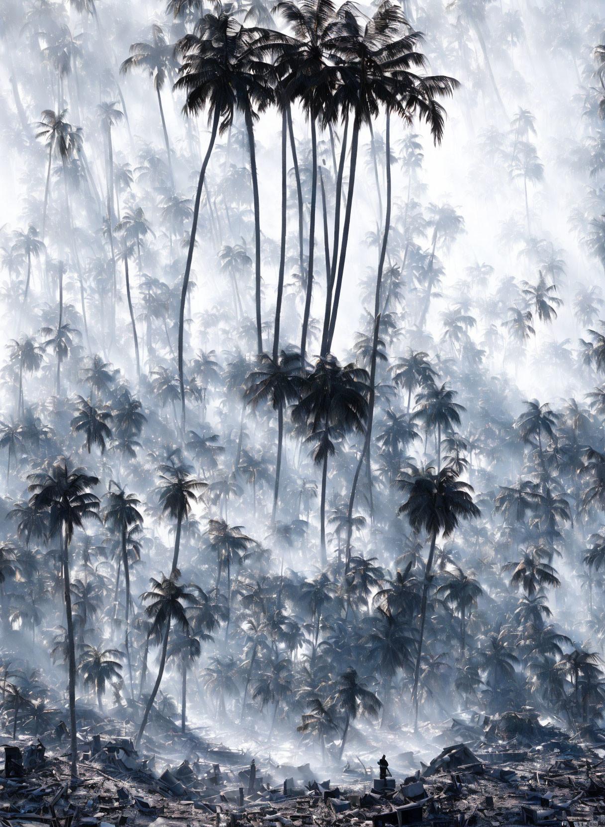 Tropical Forest with Misty Palm Trees and Rubble Landscape