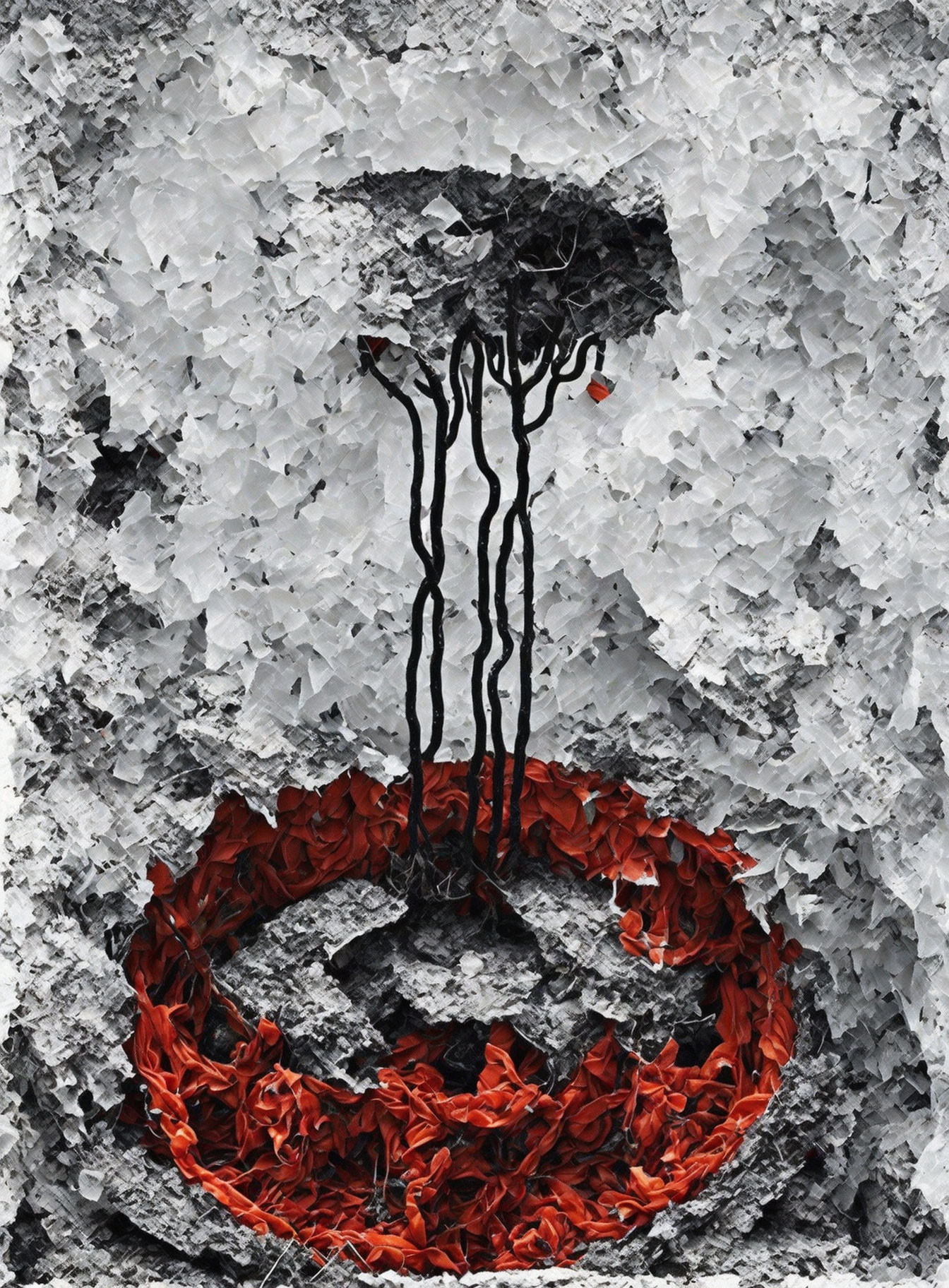 Abstract digital artwork: Black tree with red leaves in red ring on greyscale background