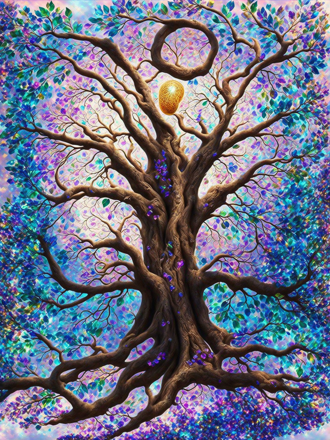 Colorful Tree Image with Golden Egg in Branches