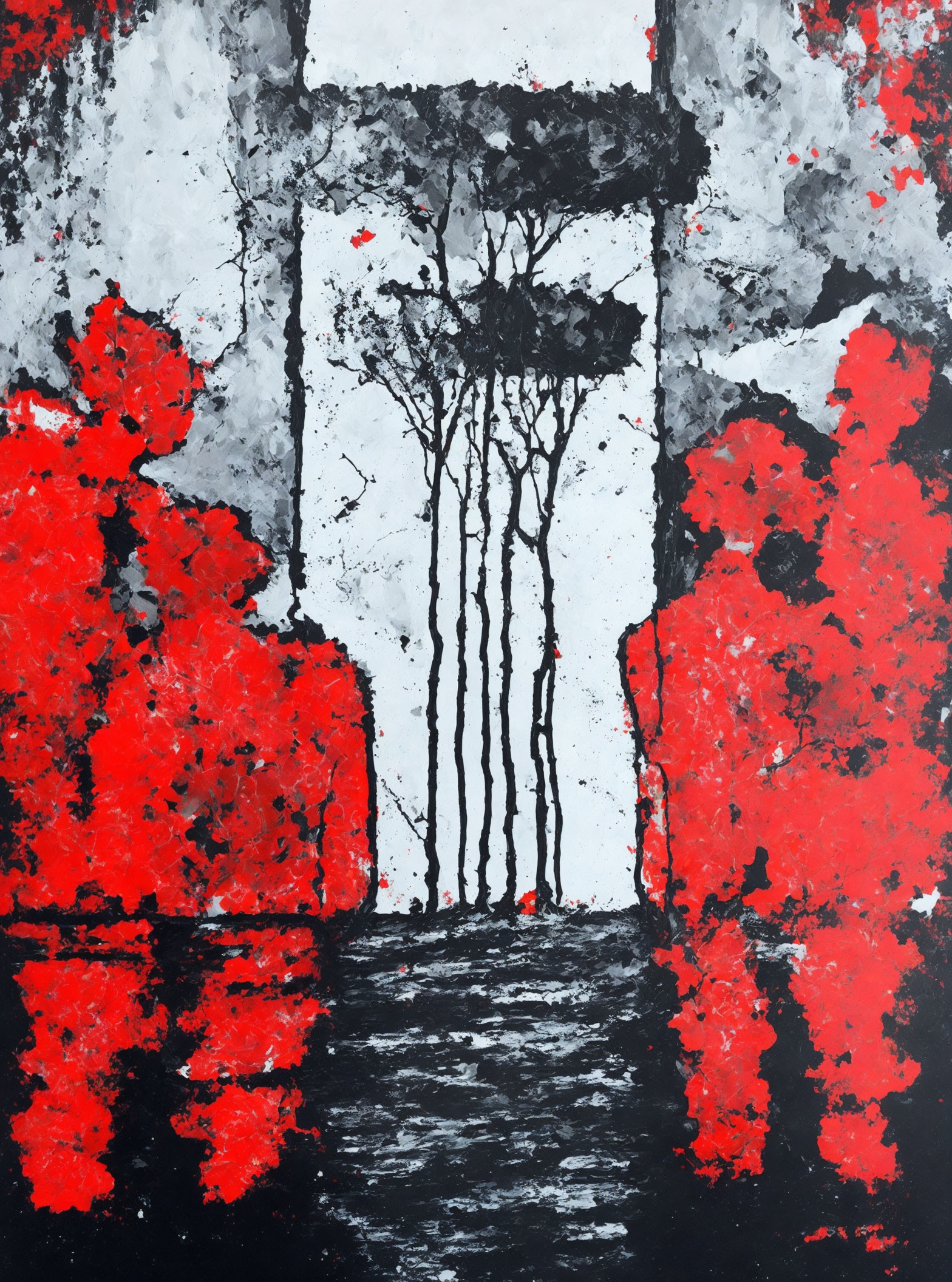 Red and Black Abstract Painting of Trees and Flowers on White and Grey Background