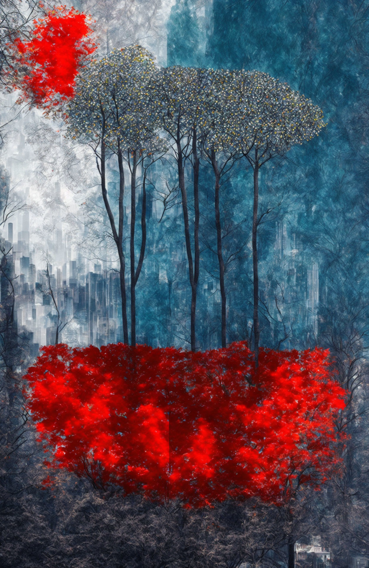 Vivid forest artwork with red and yellow trees against blue backdrop