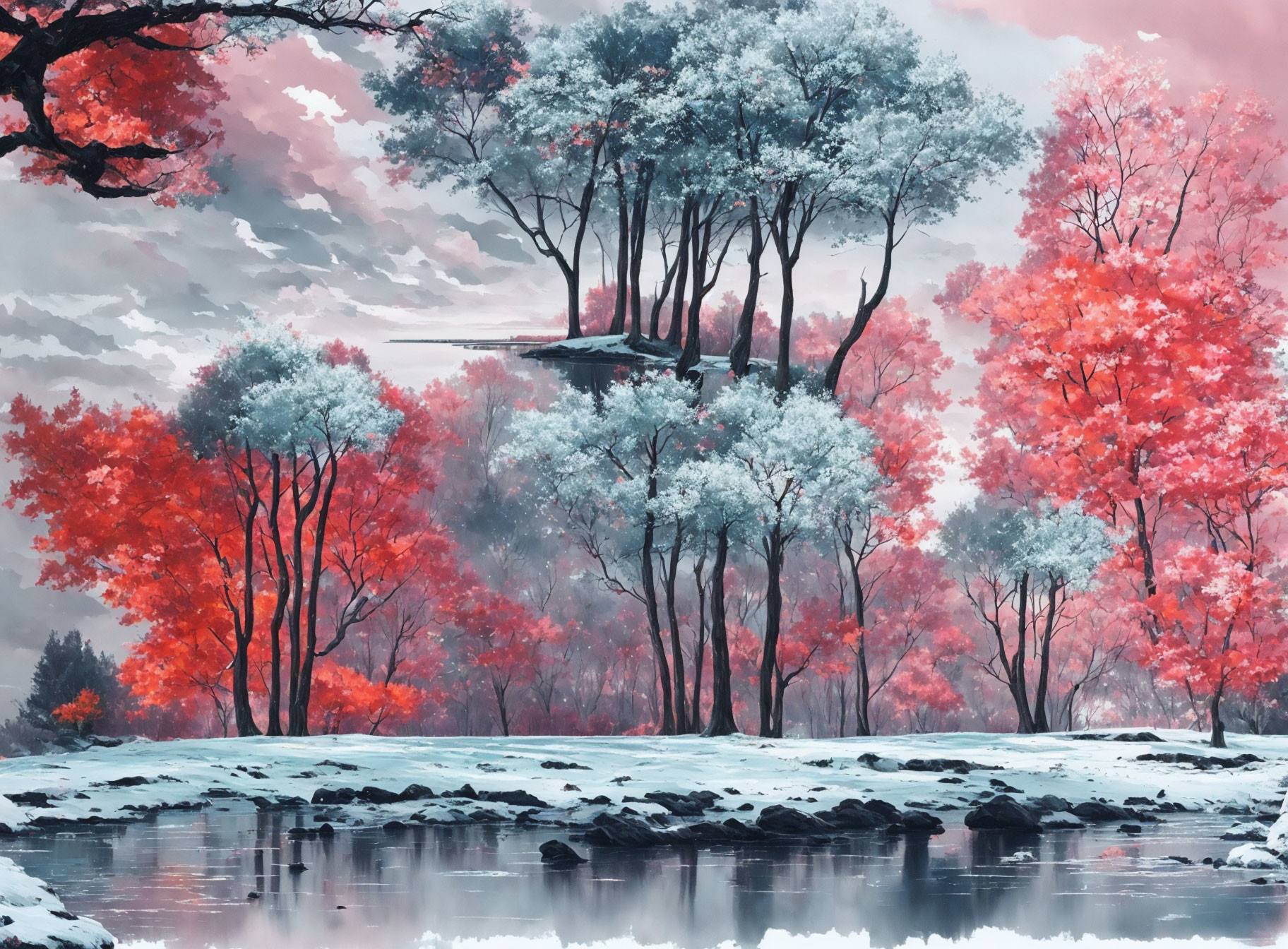 Tranquil landscape with red autumnal trees and white wintry foliage reflected in calm river