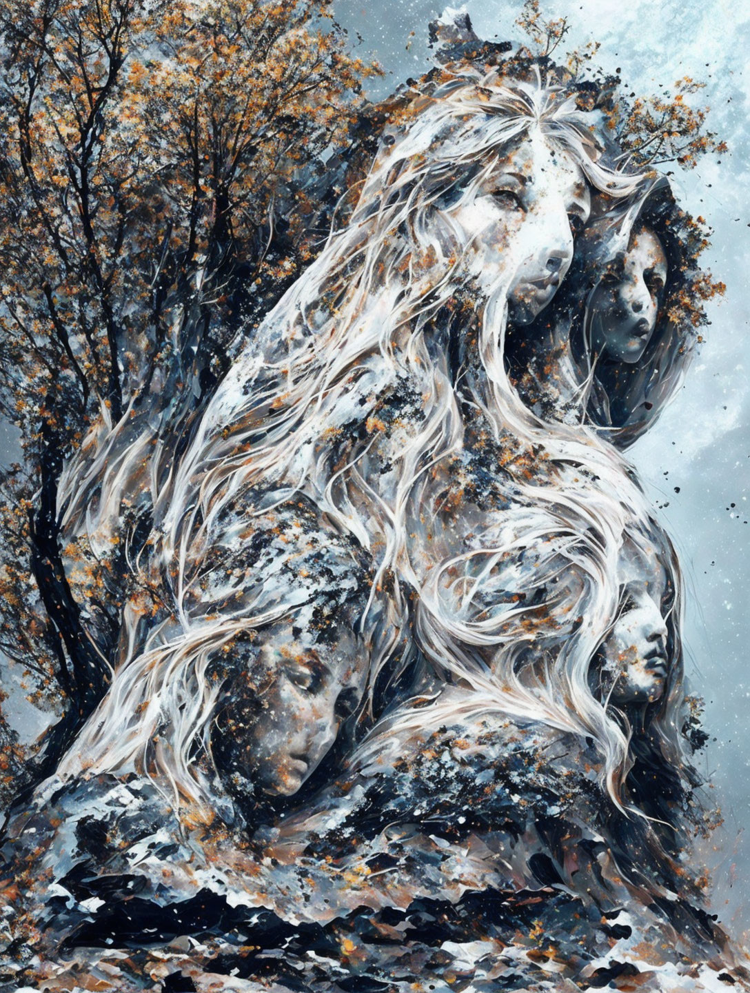 Surreal painting: Figure merges with tree, evoking autumn with flowing hair.