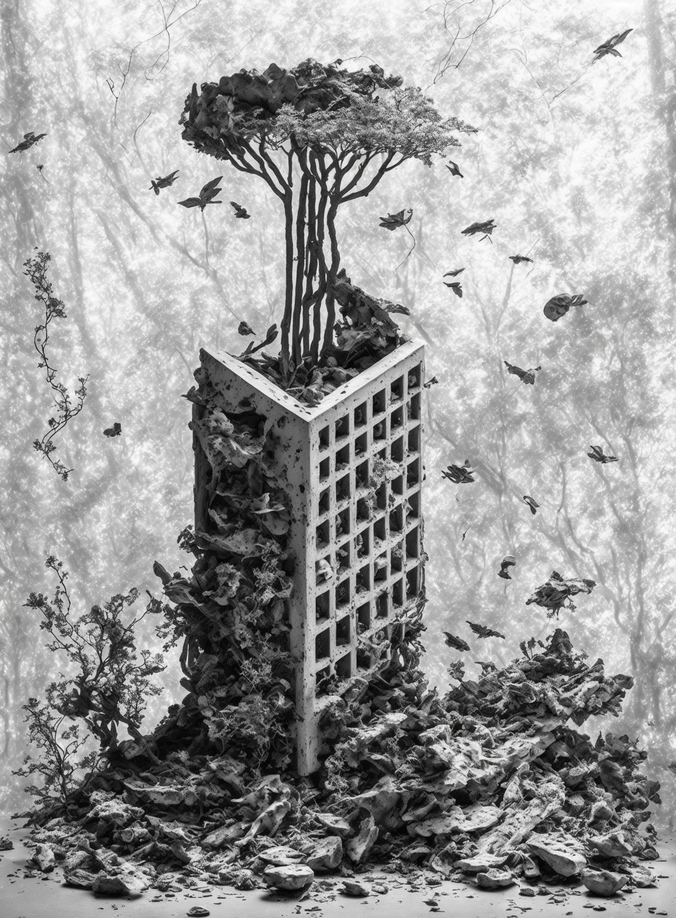 Monochrome artwork of tree on building with birds in misty forest