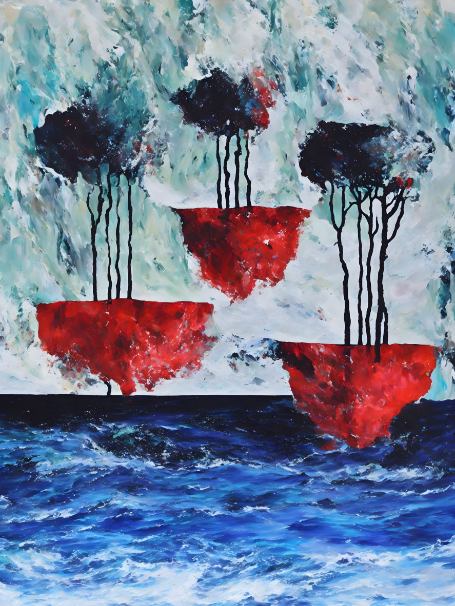 Abstract painting of trees on red islands above blue sea against stormy sky