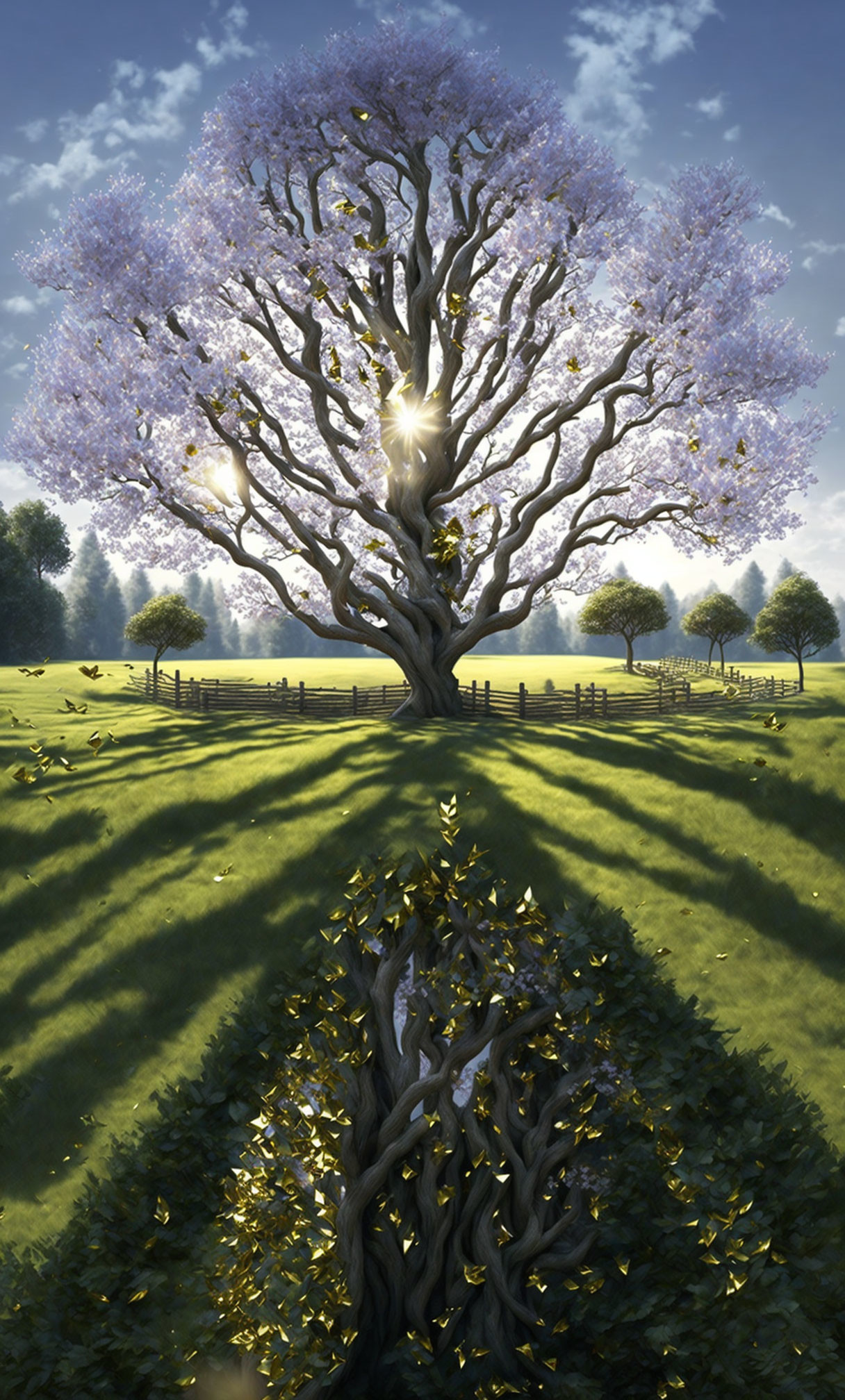 Majestic tree with broad trunk and purple blossoms in sunlit meadow